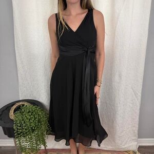 Vintage black midi dress with in place tie waist and flowy mesh overlay skirt